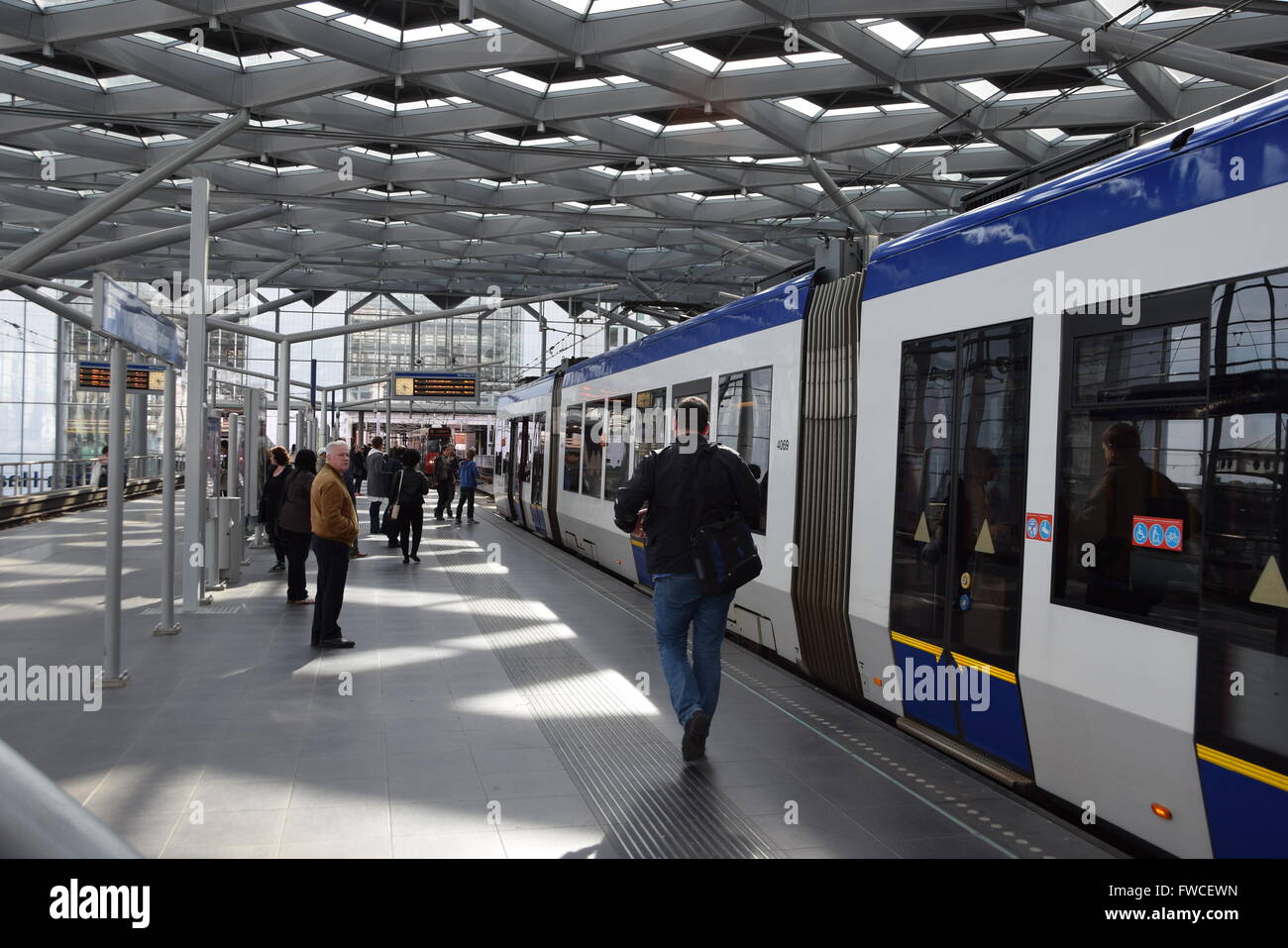 Randstadrail tram at the upper level of the Den Haag Centraal tram terminal Stock Photo