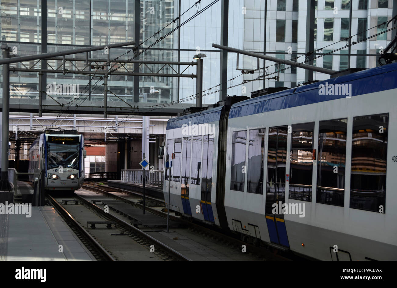 Randstadrail trams at the upper level of the Den Haag Centraal tram terminal Stock Photo