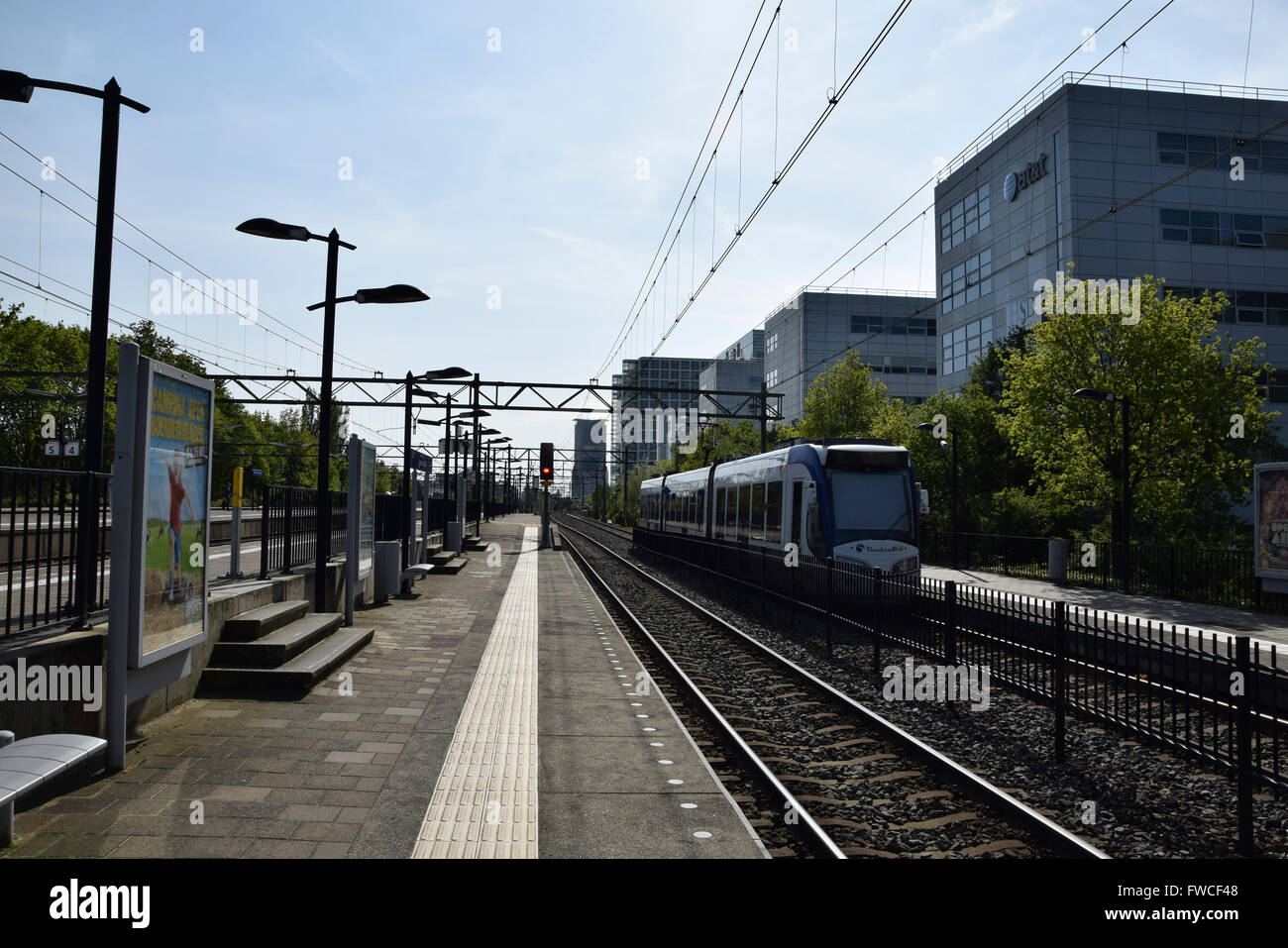 Randstadrail tram leaving Laan van NOI station to the Hague center Stock Photo