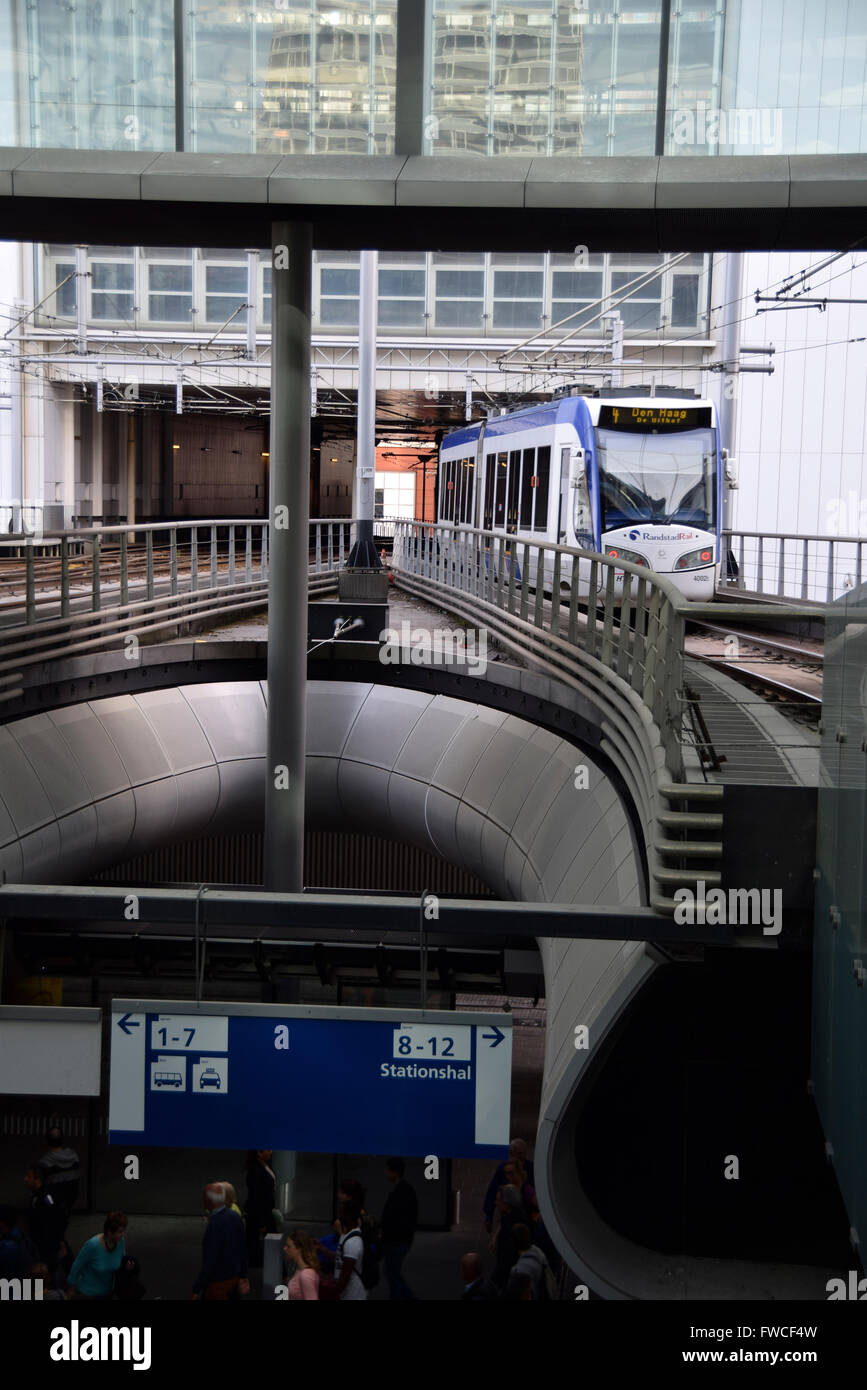 Randstadrail tram leaving the Den Haag Centraal Station tram terminal Stock Photo