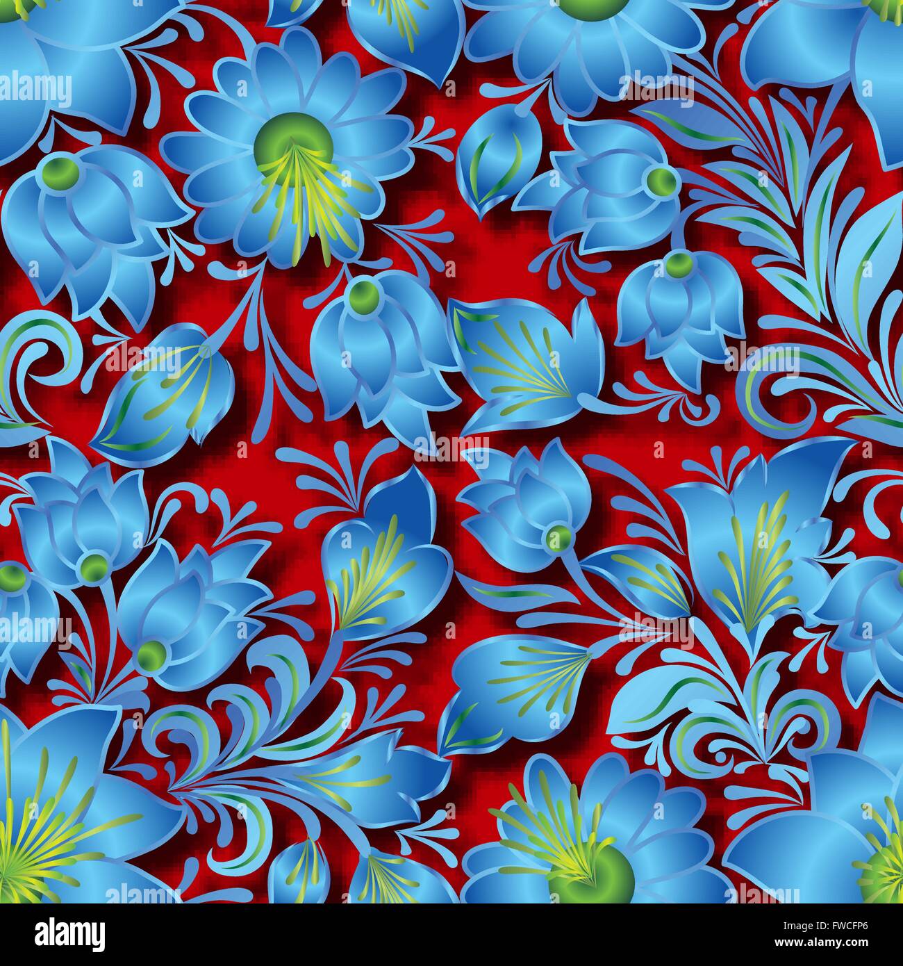 seamless blue floral ornament on red background Stock Vector Image ...