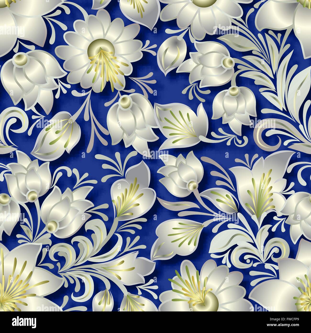 seamless silver floral ornament on blue background Stock Vector Image ...