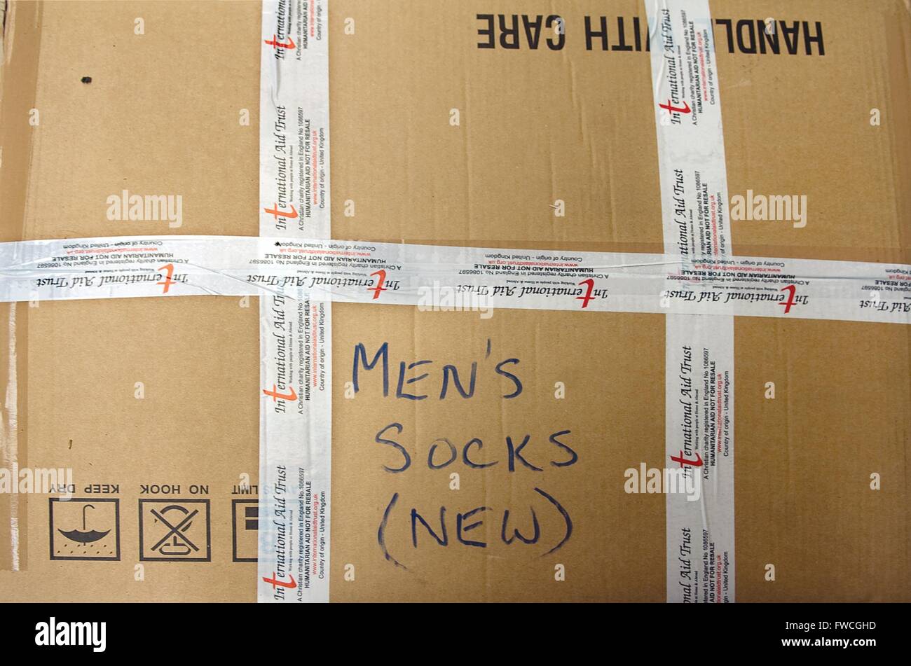 Much Hoole, Preston, Lancashire, UK. Donations of  mens socks await distribution by International Aid Trust Stock Photo