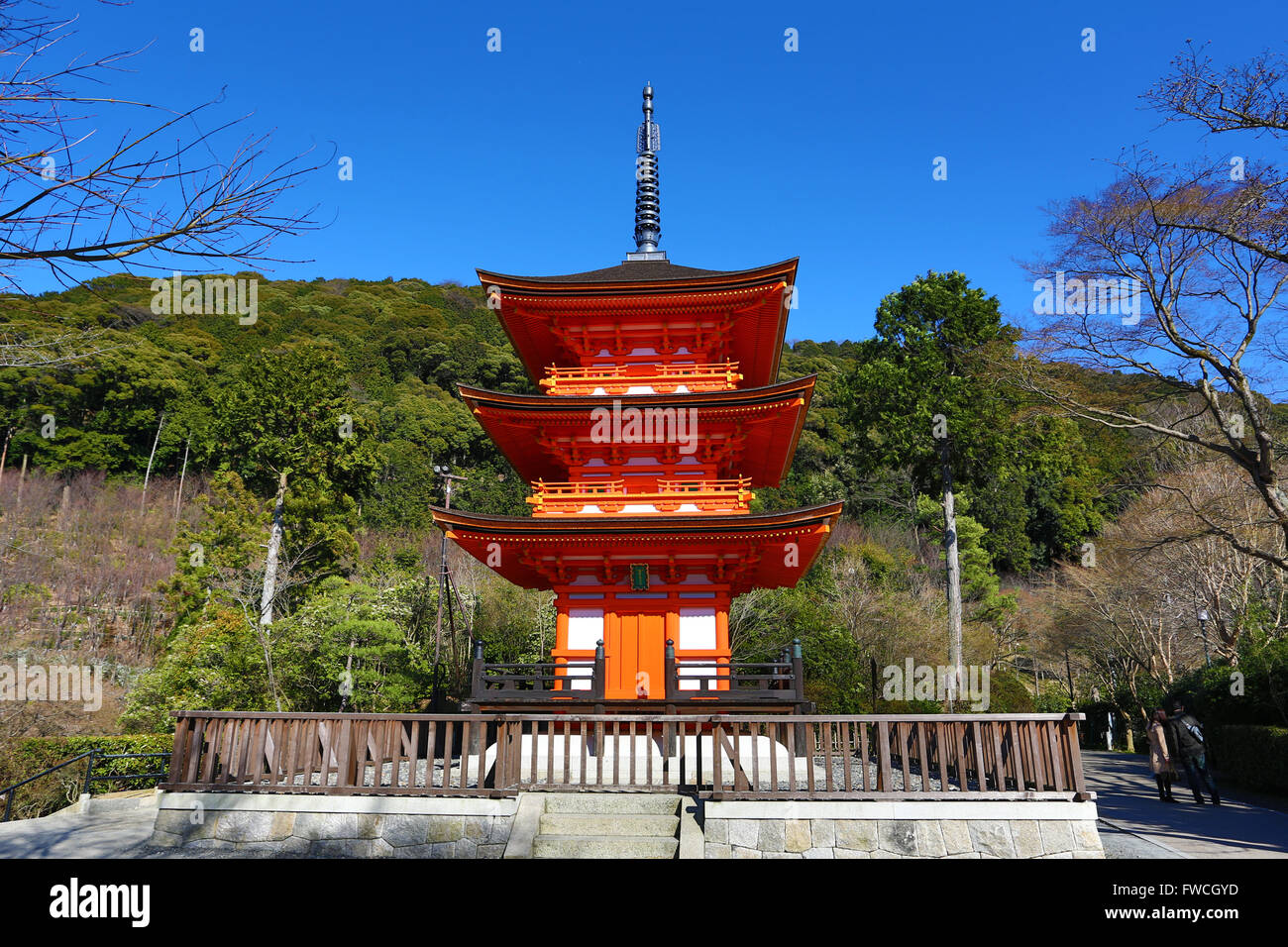 Three storey orange pagoda at Kiyomizu-dera Temple in Kyoto, Japan Stock Photo