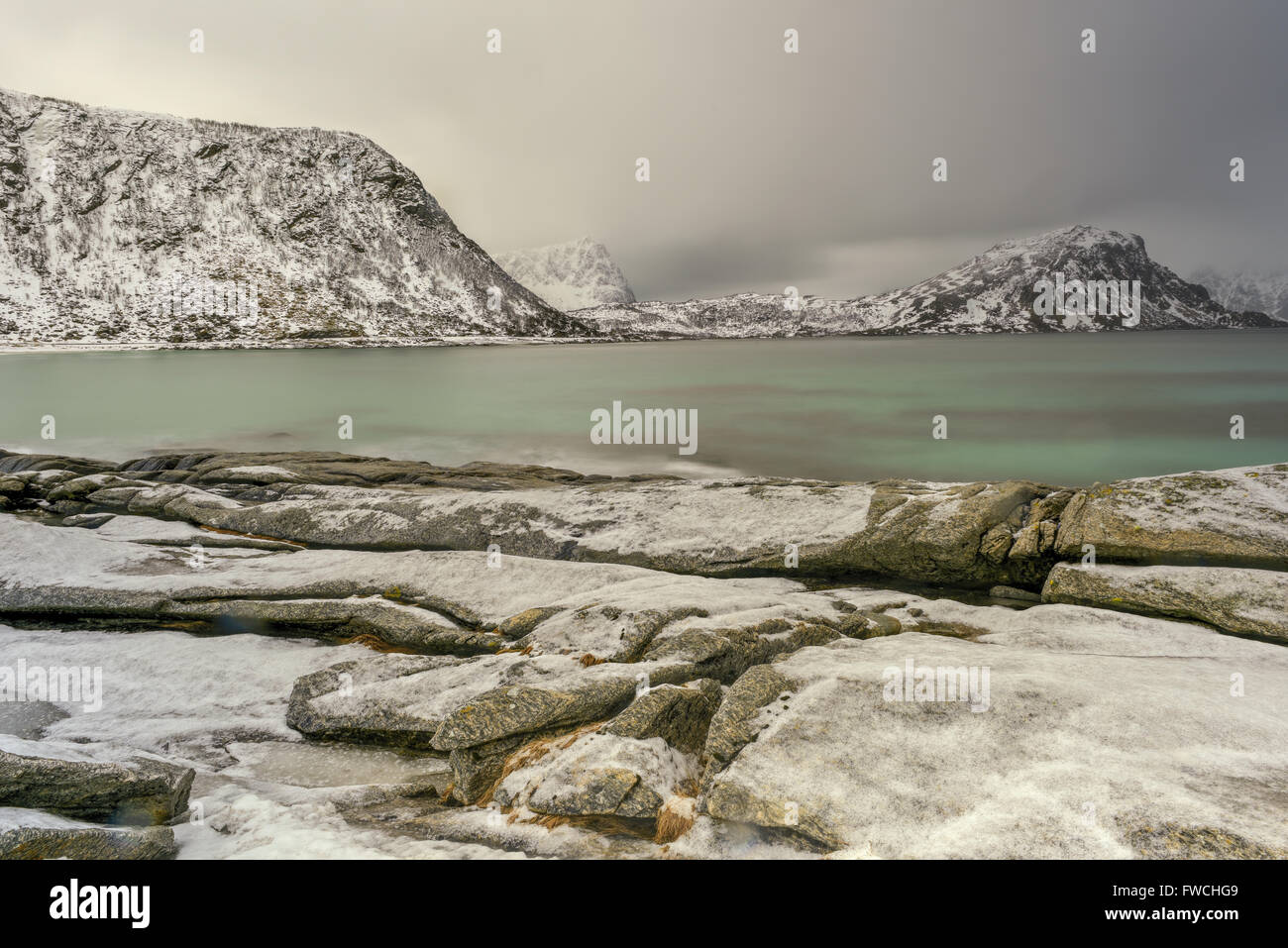 Haukland Beach in the Lofoten Islands, Norway in the winter at dusk ...