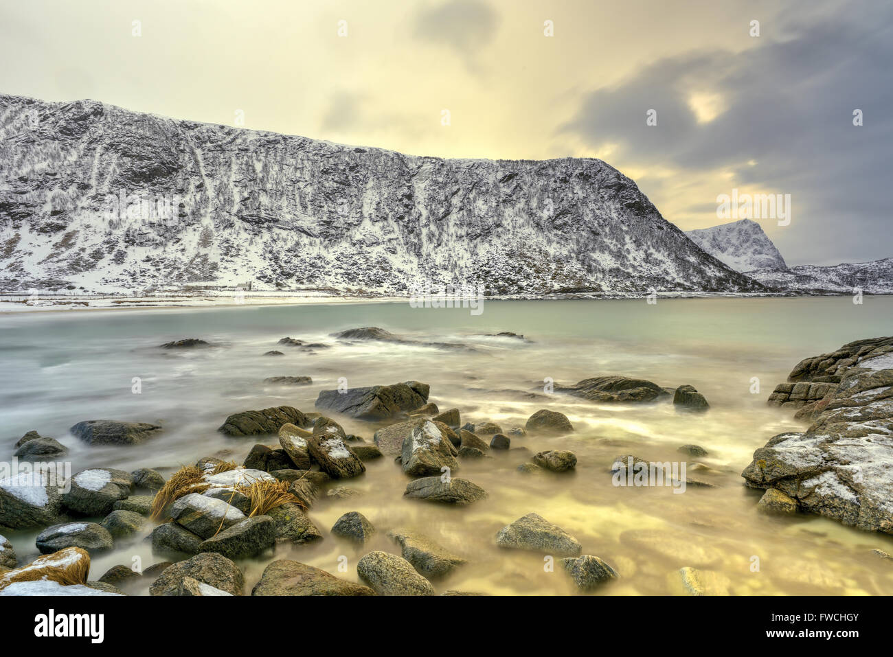 Haukland Beach in the Lofoten Islands, Norway in the winter at dusk ...