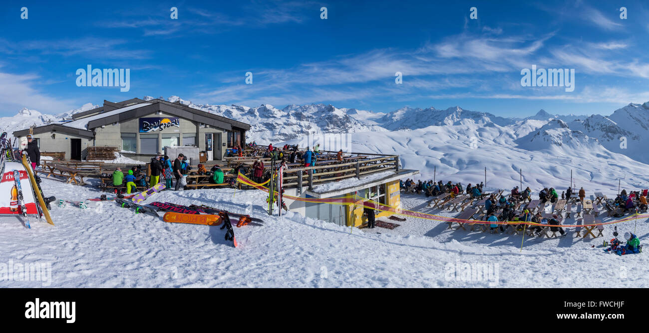 Restaurant in the Melchsee-Frutt winter sports area in the Swiss Alps. Stock Photo
