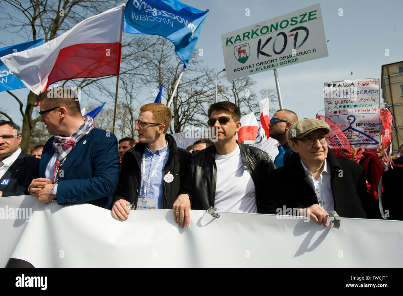 Wroclaw, Poland. 02nd Apr, 2016. Justyna Helcyk, Coordinator of ONR  (National Radical Camp)delivers a speech during anti immigrant and anti  Muslim protest organized by Oboz Narodowo-Radykalny (National Radical Camp)  in Wroclaw, western