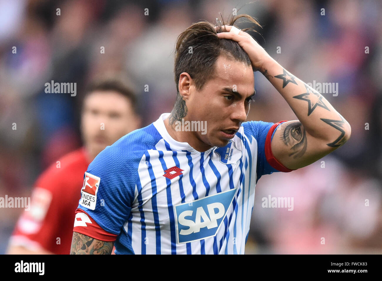 Sinsheim, Germany. 3rd Apr, 2016. Hoffenheim's Eduardo Vargas during the German Bundesliga soccer match between TSG 1899 Hoffenheim and 1. FC Cologne at Rhein-Neckar-Arena in Sinsheim, Germany, 3 April 2016. PHOTO: UWE ANSPACH/dpa (EMBARGO CONDITIONS - ATTENTION: Due to the accreditation guidlines, the DFL only permits the publication and utilisation of up to 15 pictures per match on the internet and in online media during the match.) © dpa/Alamy Live News Stock Photo