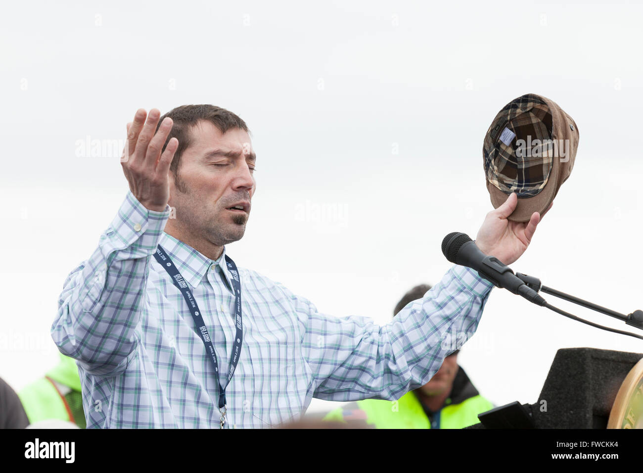 Seattle, Washington, USA. 2nd April, 2016. Muckleshoot tribe member opens the dedication of the new Evergreen Point Floating Bridge with a tribal blessing. The new Highway 520 bridge, the longest floating bridge in the world, opens to traffic in late April. Credit:  Paul Gordon/Alamy Live News Stock Photo