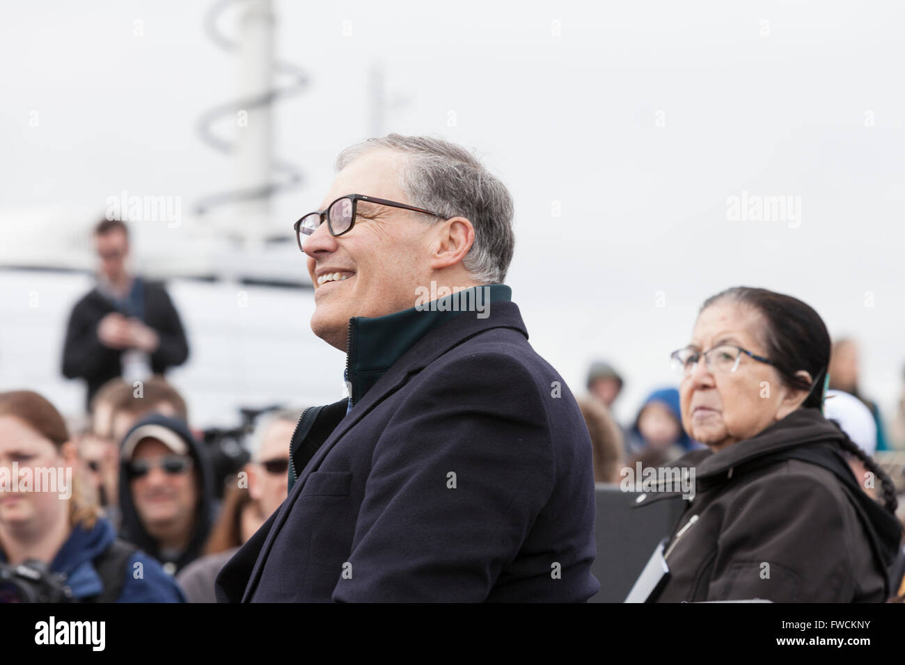 Seattle, Washington, USA. 2nd April, 2016. Washington State Governor Jay Inslee at the dedication of the new Evergreen Point Floating Bridge. The new Highway 520 bridge, the longest floating bridge in the world, opens to traffic in late April. Credit:  Paul Gordon/Alamy Live News Stock Photo