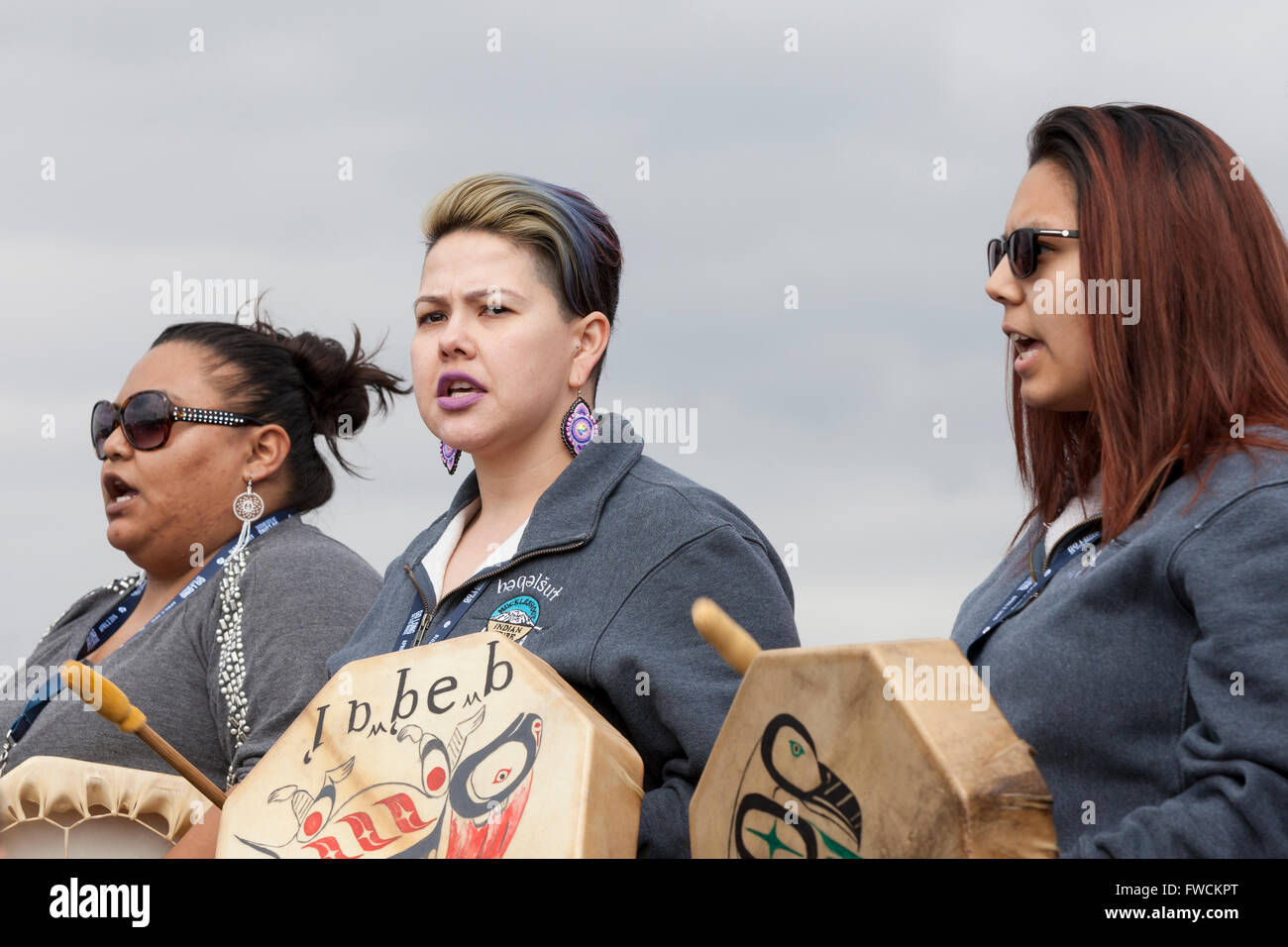 Seattle, Washington, USA. 2nd April, 2016. Muckleshoot Language Group closes the dedication of the new Evergreen Point Floating Bridge with a tribal song. The new Highway 520 bridge, the longest floating bridge in the world, opens to traffic in late April. Credit:  Paul Gordon/Alamy Live News Stock Photo