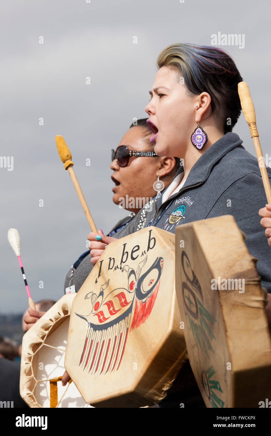 Seattle, Washington, USA. 2nd April, 2016. Muckleshoot Language Group closes the dedication of the new Evergreen Point Floating Bridge with a tribal song. The new Highway 520 bridge, the longest floating bridge in the world, opens to traffic in late April. Credit:  Paul Gordon/Alamy Live News Stock Photo