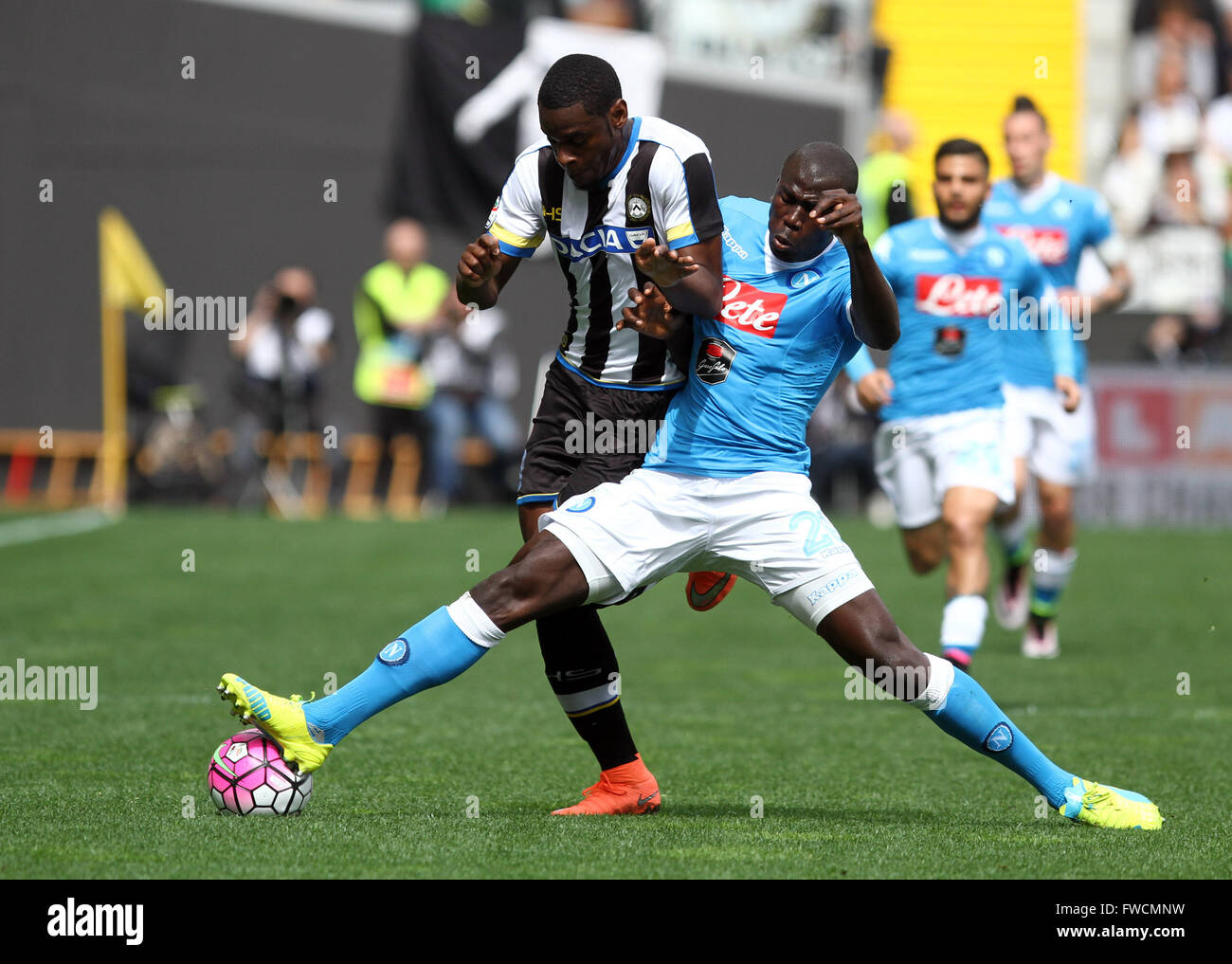 Udine, Italy. 03rd Apr, 2016. Napoli's defender Kalidou Koulibaly (R) vies  with Udinese's forward Duvan Zapata during the Italian Serie A football  match between Udinese Calcio v SSC Napoli. Udinese defeats Napoli