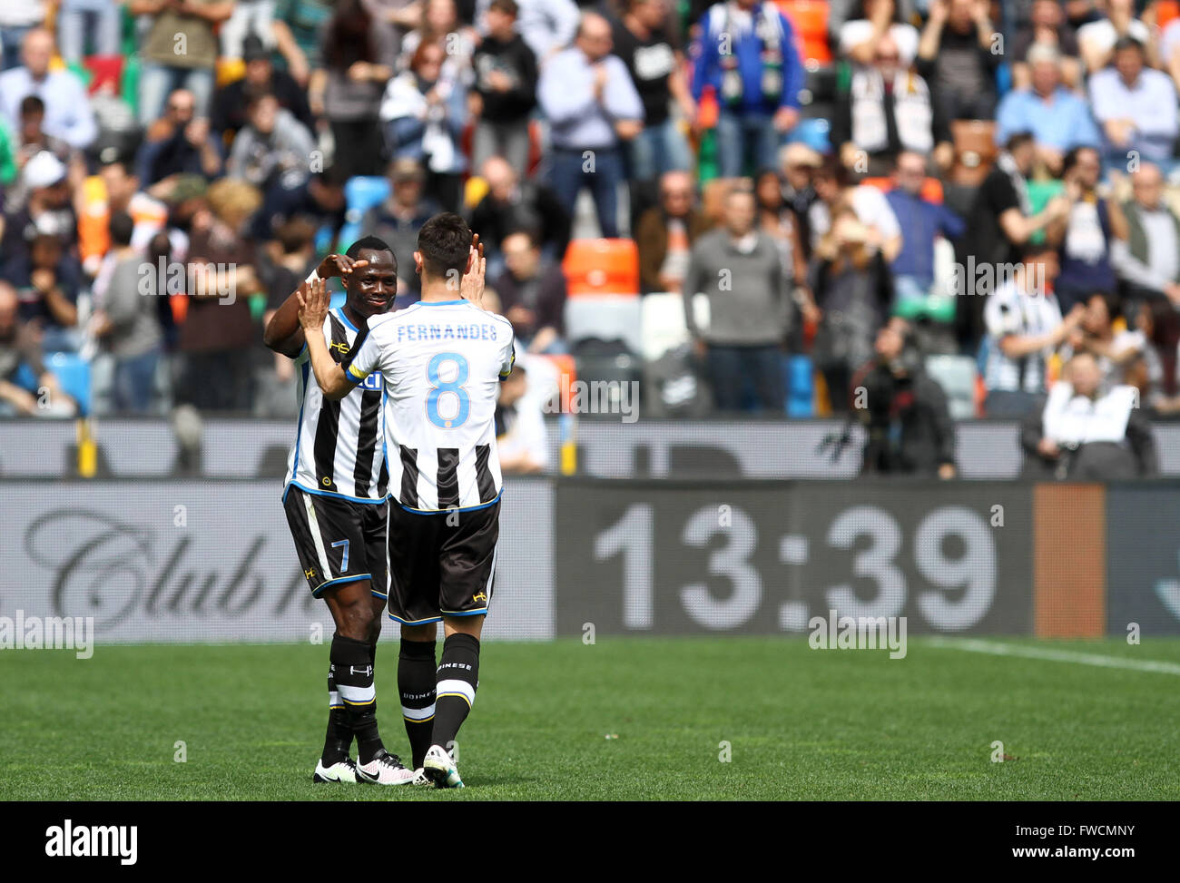 Udine, Italy. 03rd Apr, 2016. Udinese's midfielder Borges Bruno Fernandes (R) celebrates after scoring a goal 2-1 with Udinese's midfielder Emmanuel Agyemang Badu during the Italian Serie A football match between Udinese Calcio v SSC Napoli. Udinese defeats Napoli 3-1 in the Italian Serie A football match at Dacia Arena in Udine. Goals for Udinese by Fernandes (2) and Thereau, for Napoli by Higuain. © Andrea Spinelli/Pacific Press/Alamy Live News Stock Photo