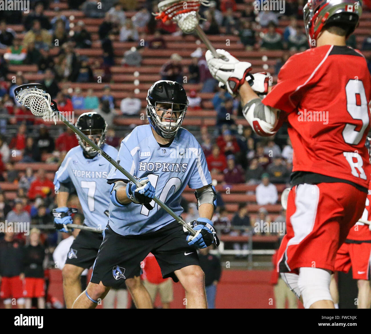 Piscataway, NJ, USA. 2nd Apr, 2016. Johns Hopkins Jack Olson (10) eyes the ball during an NCAA Lacrosse game between the Johns Hopkins Blue Jays and the Rutgers Scarlet Knights at High Point Solutions Stadium in Piscataway, NJ. Rutgers defeated Johns Hopkins, 16-9. Mike Langish/Cal Sport Media. © csm/Alamy Live News Stock Photo