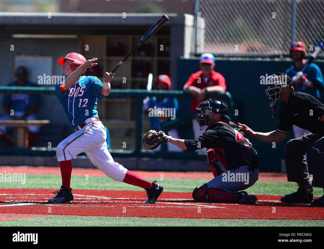 Albuquerque, NEW MEXICO, USA. 3rd Apr, 2016. 040316.UNM infielder Dalton Bowers, left hit a home run against UNLV during the game played at Lobo Stadium.Photographed on Sunday April 3, 2016. Adolphe Pierre-Louis/JOURNAL. © Adolphe Pierre-Louis/Albuquerque Journal/ZUMA Wire/Alamy Live News Stock Photo