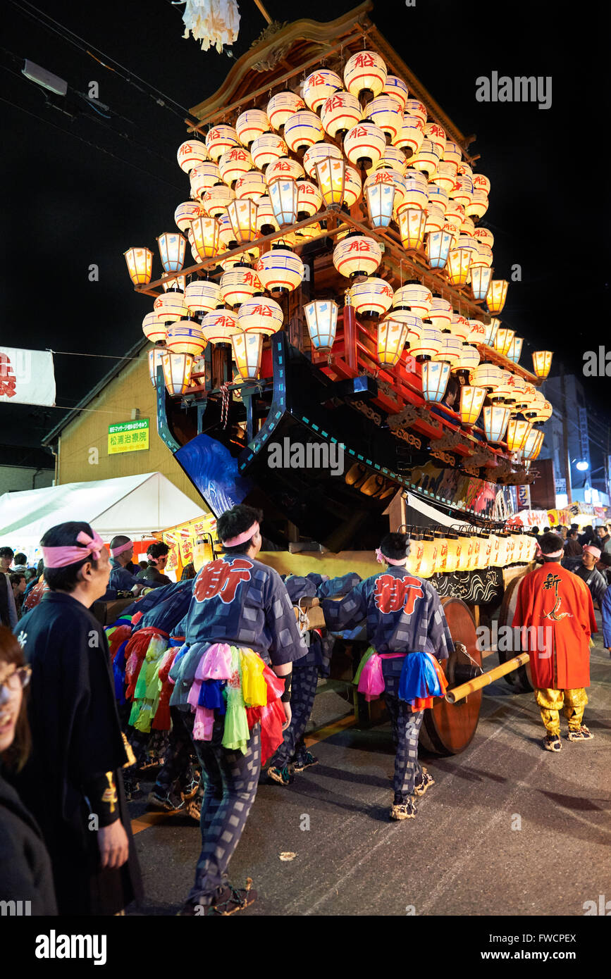 April 2, 2016 Traditional Japanese float during parade on the streets
