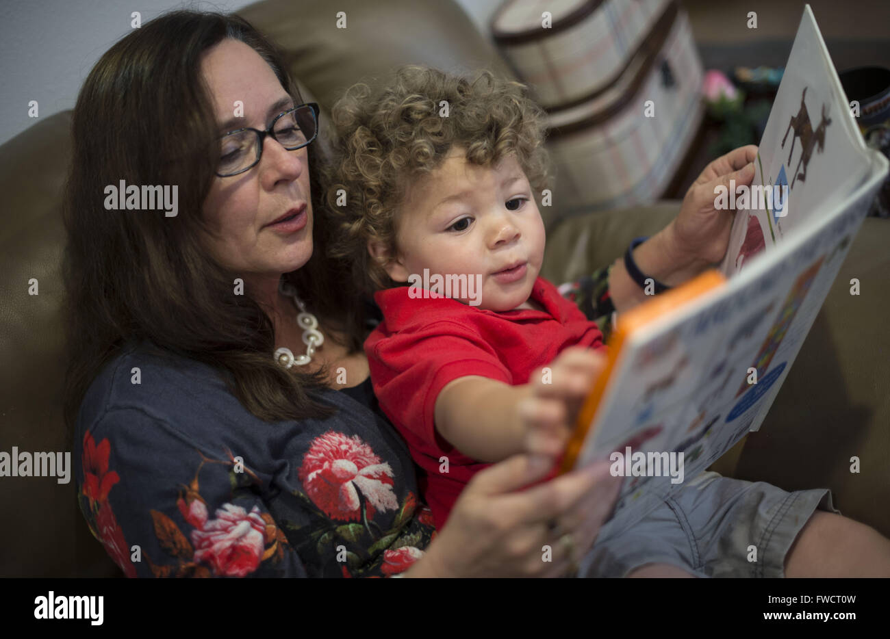 La Habra, California, USA. 3rd Apr, 2016. CAROLE CHAMBERS, of Placentia, California, reads to her grandson, BRAXTON CHAMBERS, 20 months old, during a break in the activities of a birthday party for Braxton's four-year-old cousin. © Bruce Chambers/ZUMA Wire/Alamy Live News Stock Photo