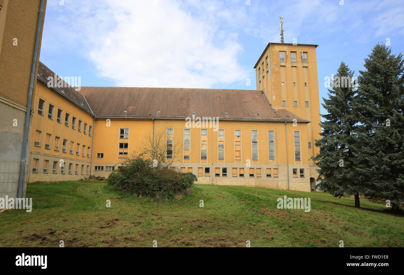 The former national socialist elite school in Ballenstedt, photographed during the filming of the TV series 'Lost Places' of the Pay-TV channel History Channel in the Harz region, Germany, 4 April 2016. Photo: Peter Gercke/dpa Stock Photo