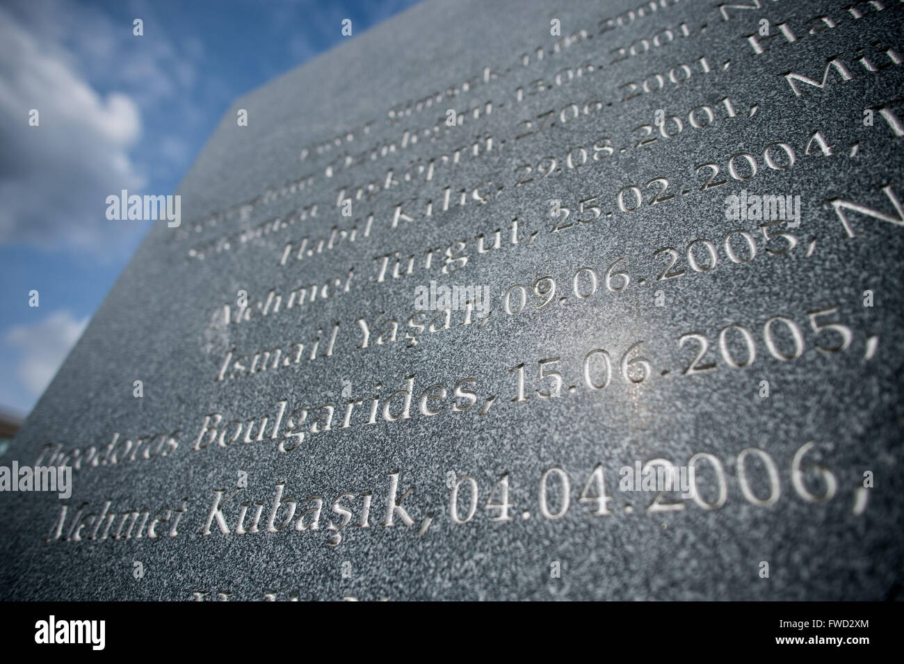 Dortmund, Germany. 4th Apr, 2016. The name of the cinema owner Mehmet Kubasik, murdered by the NSU terror group, as well as his birth date can be seen on a memorial plate in Dortmund, Germany, 4 April 2016. 10 years ago, Kubasik became the eighth victim of the Neonazi terror group. PHOTO: BERND THISSEN/dpa/Alamy Live News Stock Photo