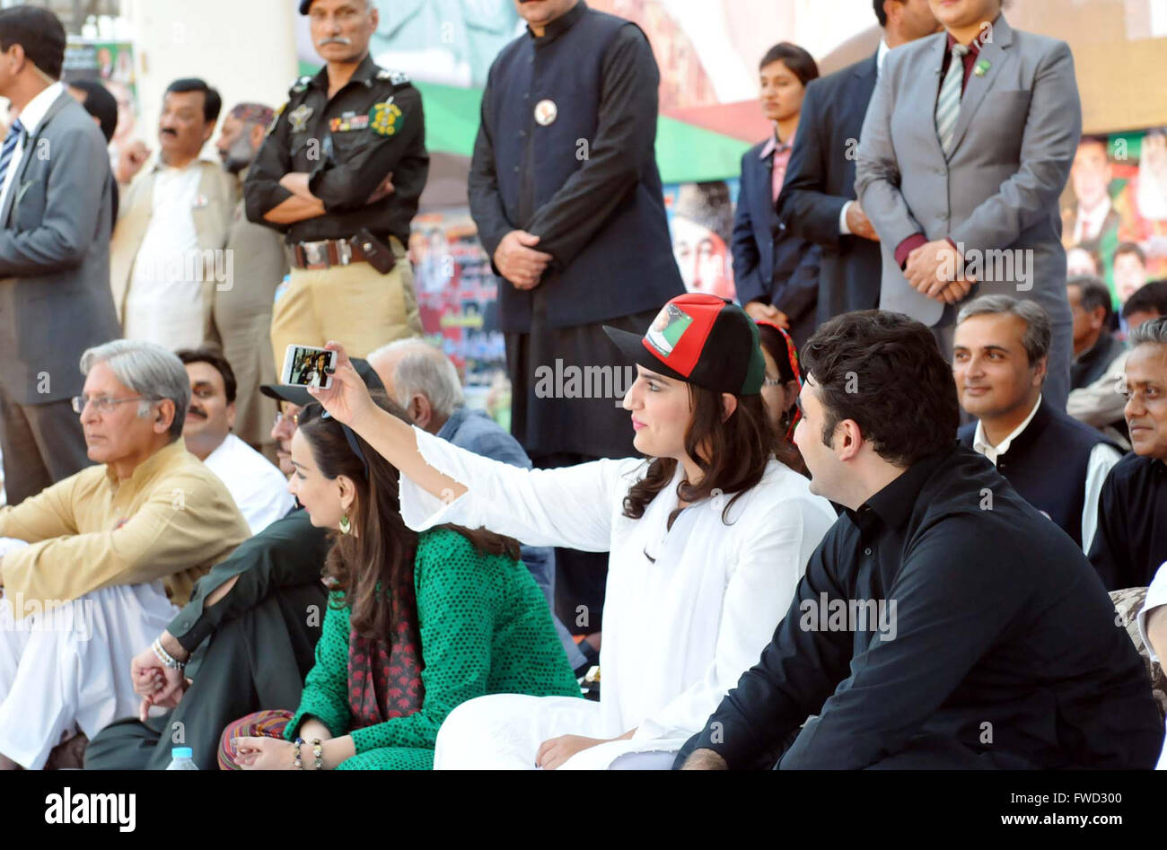 Peoples Party (PPP) Chairman, Bilawal Bhutto Zardari and Bakhtawar Bhutto Zardari along others sit on stage on occasion of 37th death anniversary commemorate of Peoples Party (PPP) Founder, Zulfiqar Ali Bhutto held at Bhutto's Mausoleum in Garhi Khuda Bux on Monday, April 04, 2016. Stock Photo