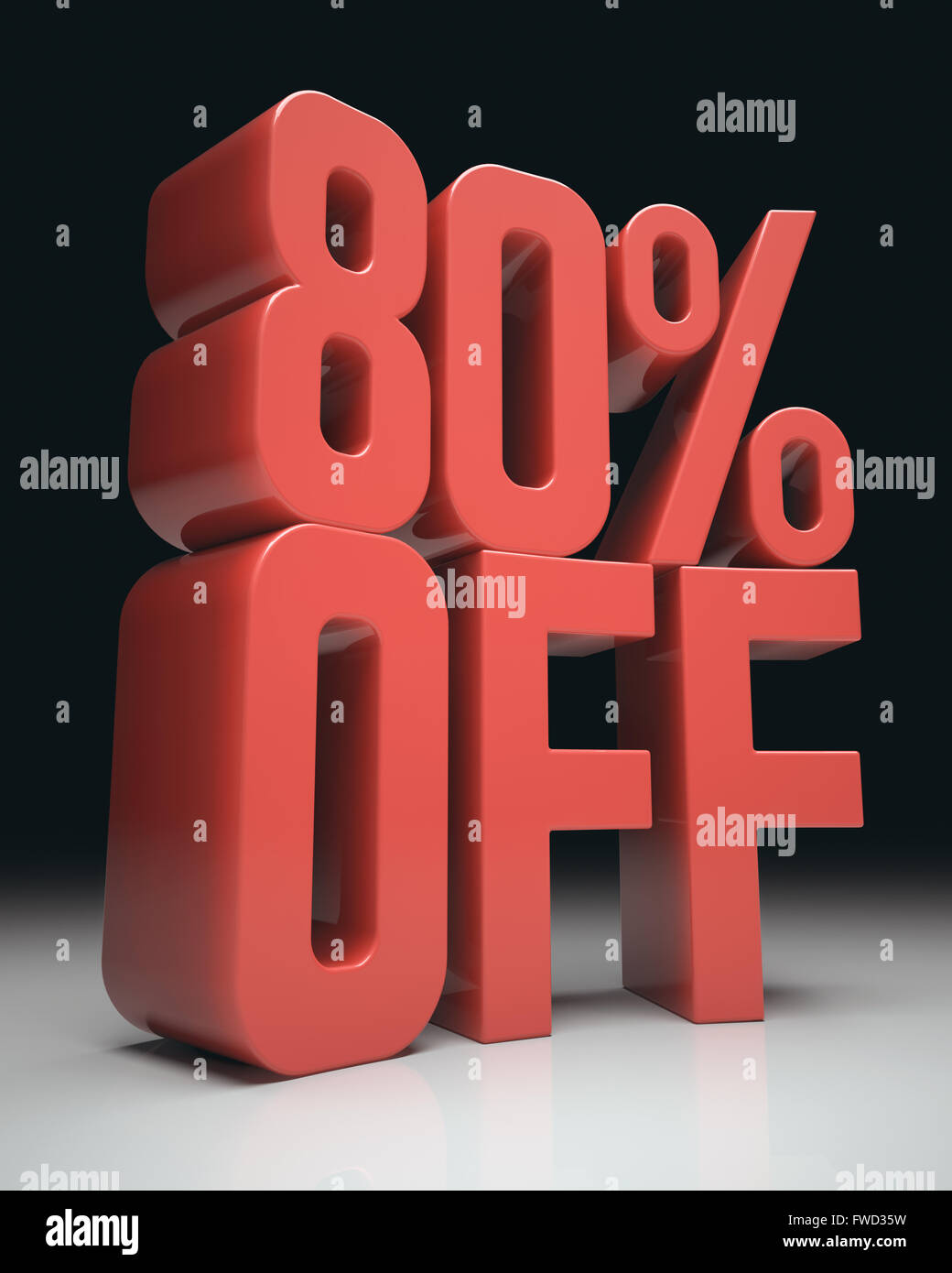 3D image concept. Discount percentage in red on white surface and black background. Clipping path included. Stock Photo