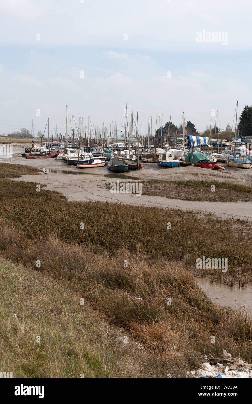 Boats and yachts moored in Oare creek, Kent. Stock Photo