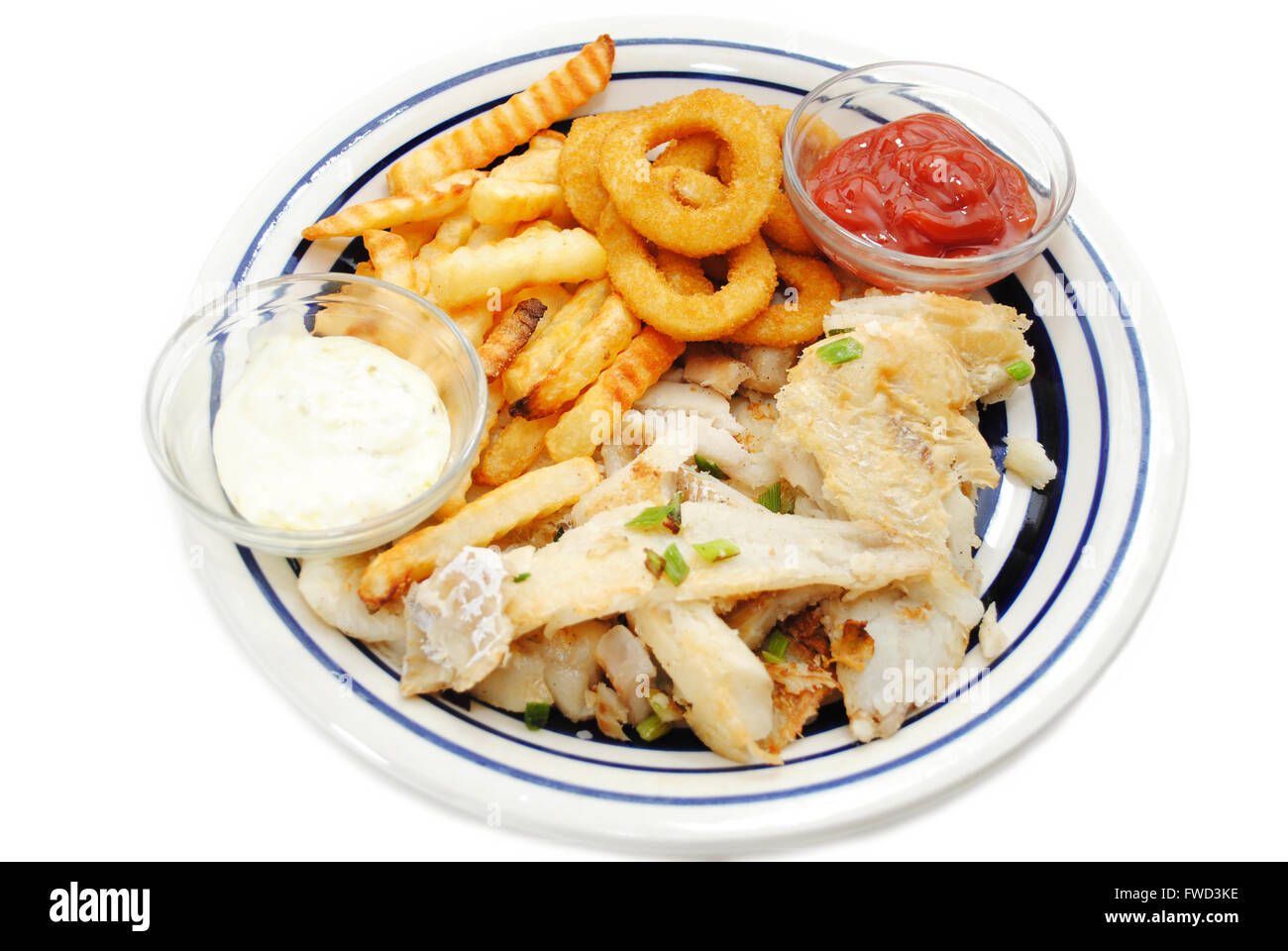 Flaked Fish Served with Fries and Onion Rings Stock Photo Alamy