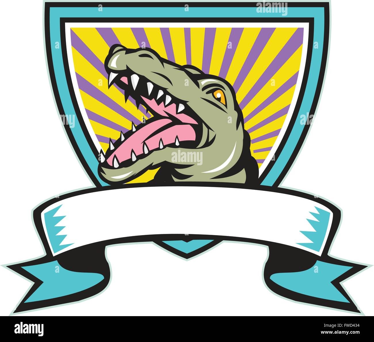 Illustration of an angry gator alligator crocodile head snout snapping set inside crest shield with ribbon scroll in front done Stock Vector