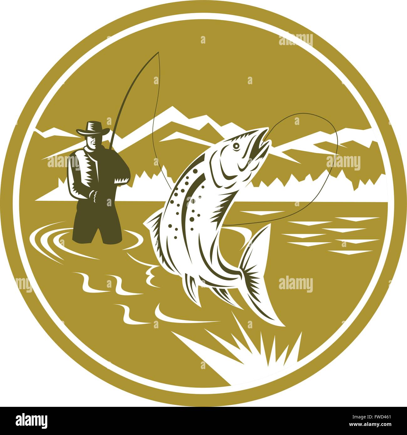 Illustration of a fly fisherman fishing casting rod and reel reeling trout  fish viewed from front with mountains set inside circle done in retro style  Stock Vector Image & Art - Alamy