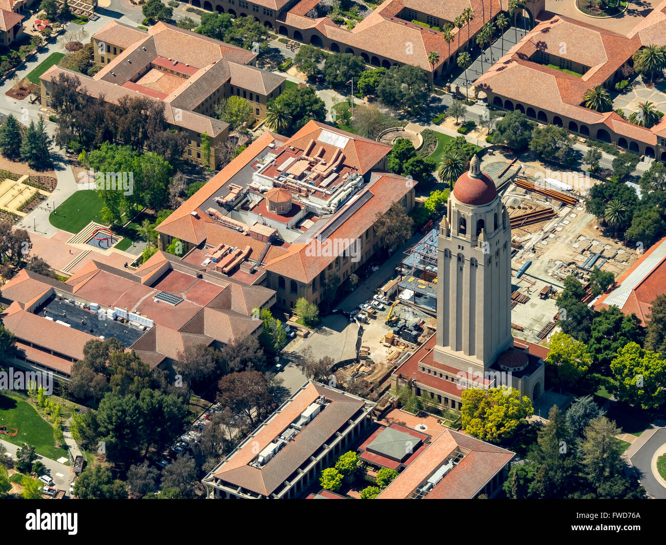 Stanford University campus Palo Alto California, Hoover Tower, campus, Silicon Valley, California, USA, aerial view, Stock Photo