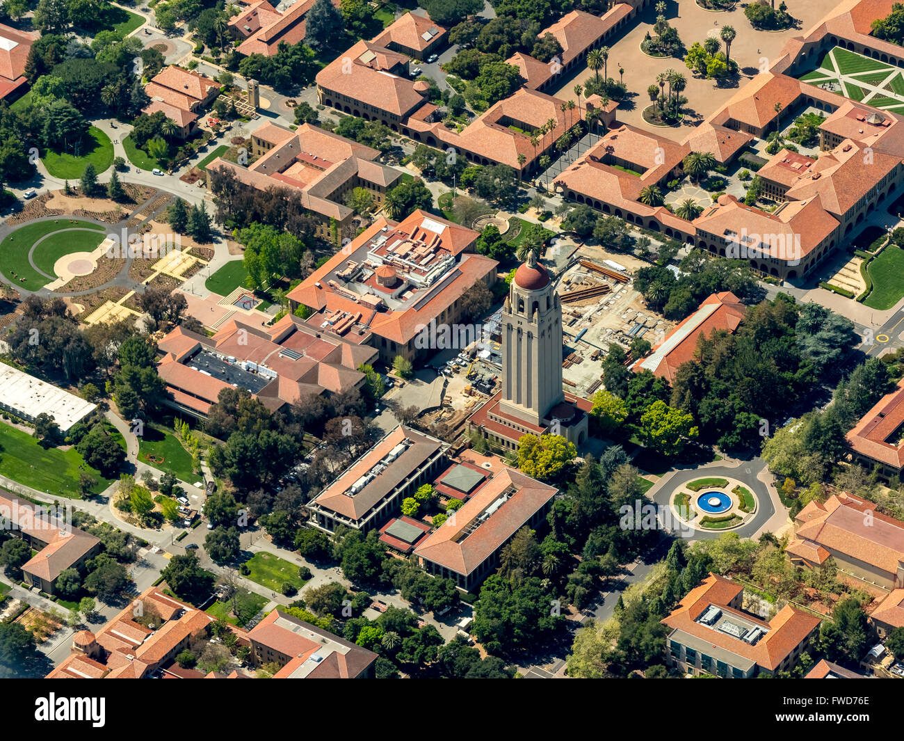 Stanford University campus Palo Alto California, Hoover Tower, campus, Silicon Valley, California, USA, aerial view, Stock Photo