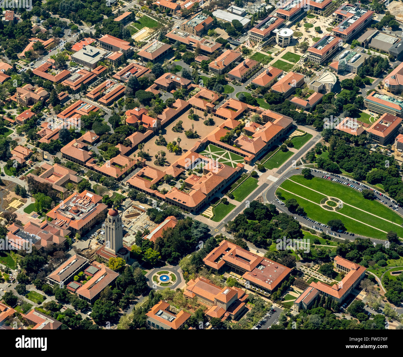 Stanford University campus Palo Alto California, Hoover Tower, campus, Silicon Valley, California, USA, aerial view, Stock Photo