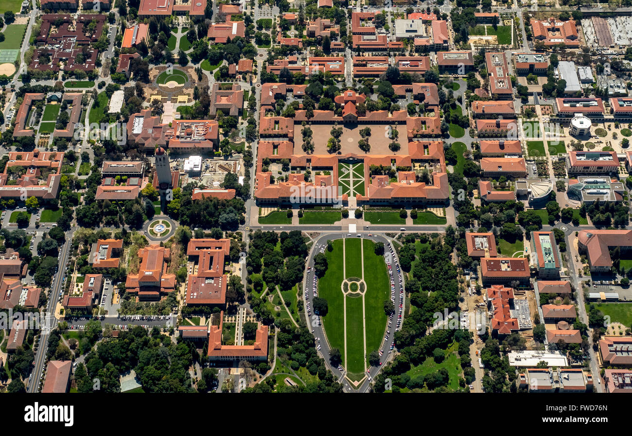Stanford University campus Palo Alto California, Hoover Tower, campus, Silicon Valley, California, USA, aerial view, Stock Photo