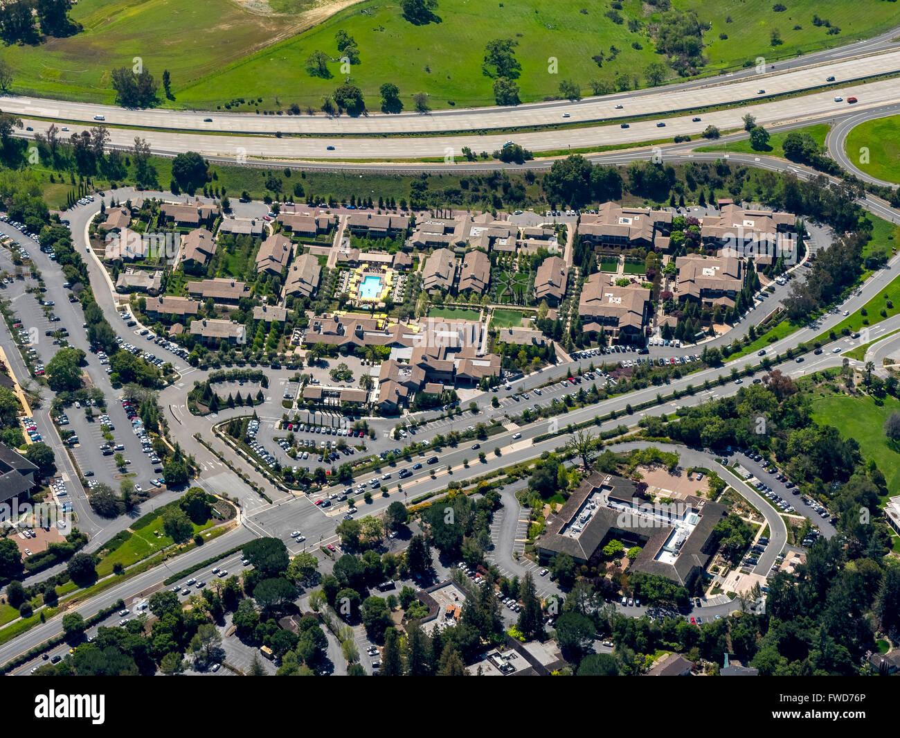 Housing development at the Sand Hill Road, aerial, Freeway 280, Silicon Valley, California, USA, Santa Clara Stock Photo