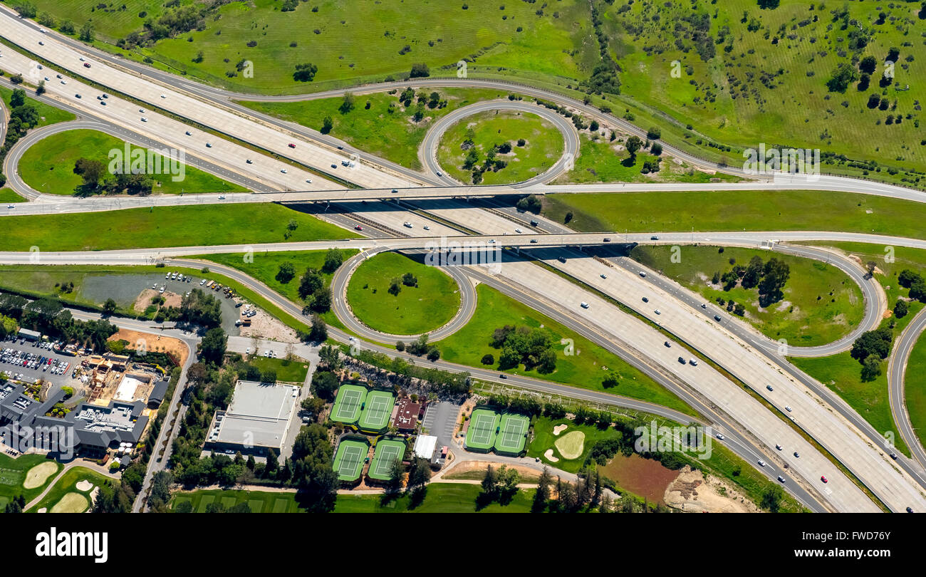 Motorway interchange freeway, highway Freeway 280, flat clover, Silicon Valley, California, USA, aerial, San Jose, Stock Photo