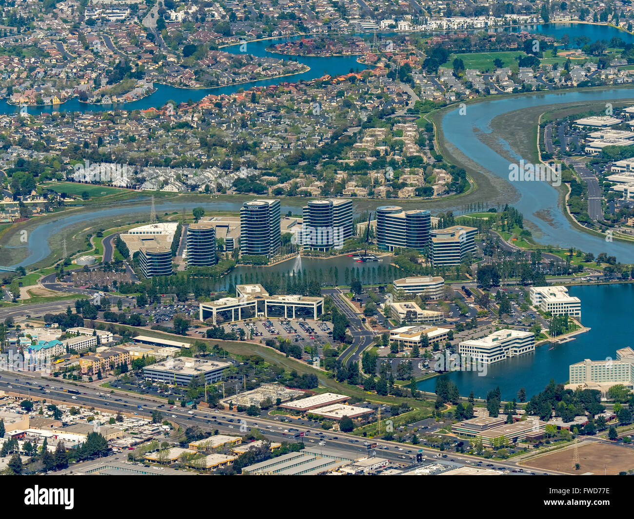 Oracle's headquarters in Redwood shores, Silicon Valley, California, United States of America, Santa Clara, California, aerial Stock Photo