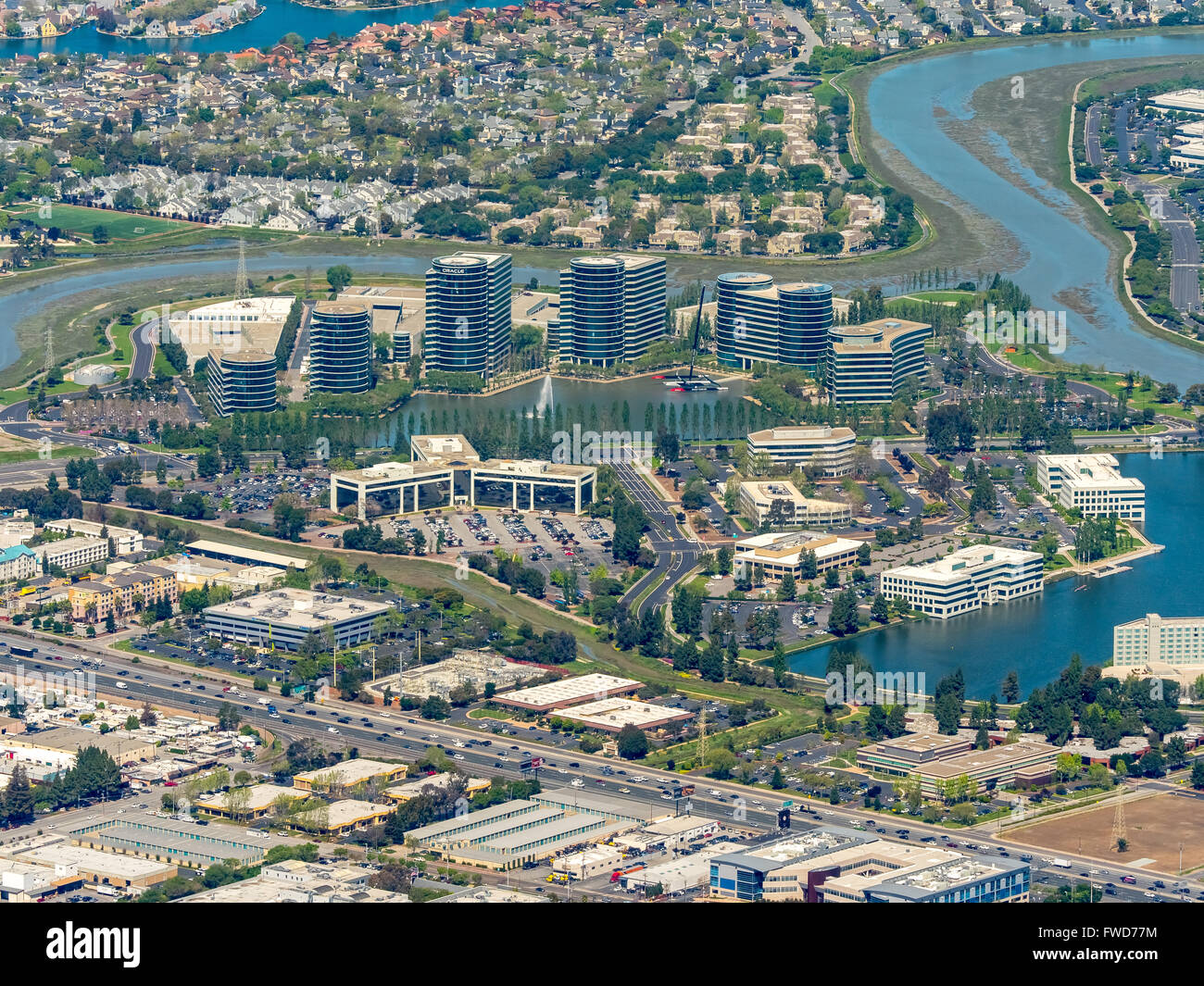 Oracle's headquarters in Redwood shores, Silicon Valley, California, United States of America, Santa Clara, California, aerial Stock Photo