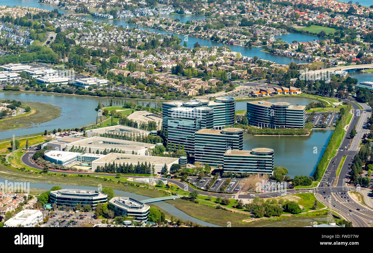 Oracle's headquarters in Redwood shores, Silicon Valley, California, United States of America, Santa Clara, California, aerial Stock Photo