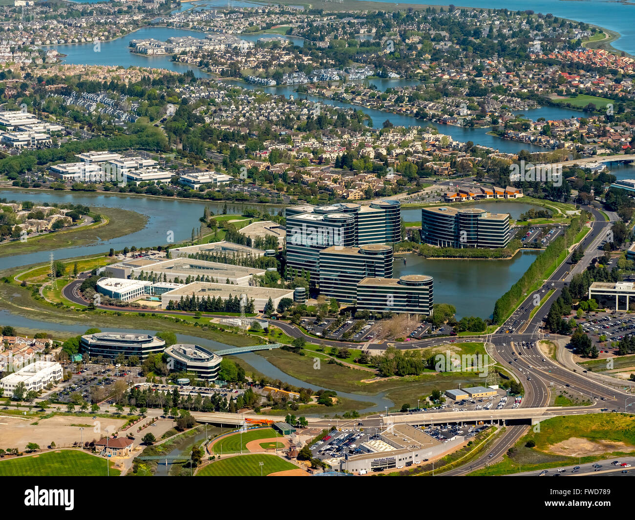 Oracle's headquarters in Redwood shores, Silicon Valley, California, United States of America, Santa Clara, California, aerial Stock Photo