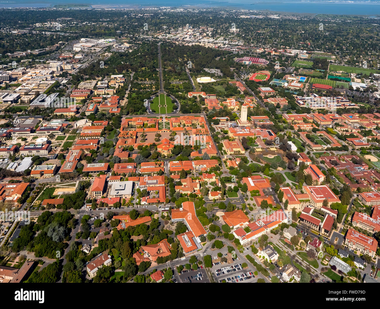 Stanford University campus Palo Alto California, Hoover Tower, campus, Silicon Valley, California, USA, aerial view, Stock Photo