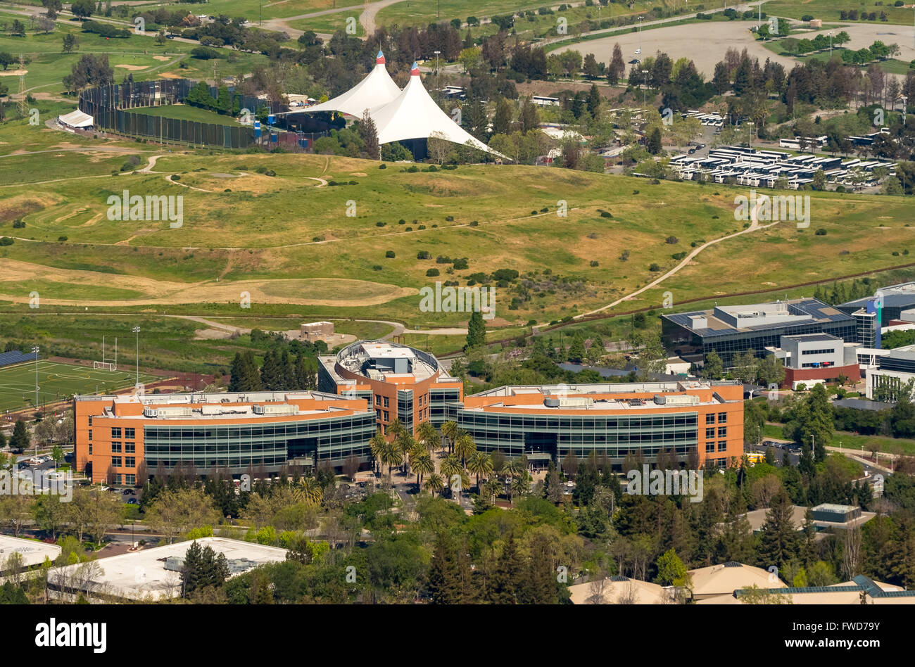 Google headquarters Googleplex, Silicon Valley, California, United States of America, Santa Clara, California, USA, aerial photo Stock Photo