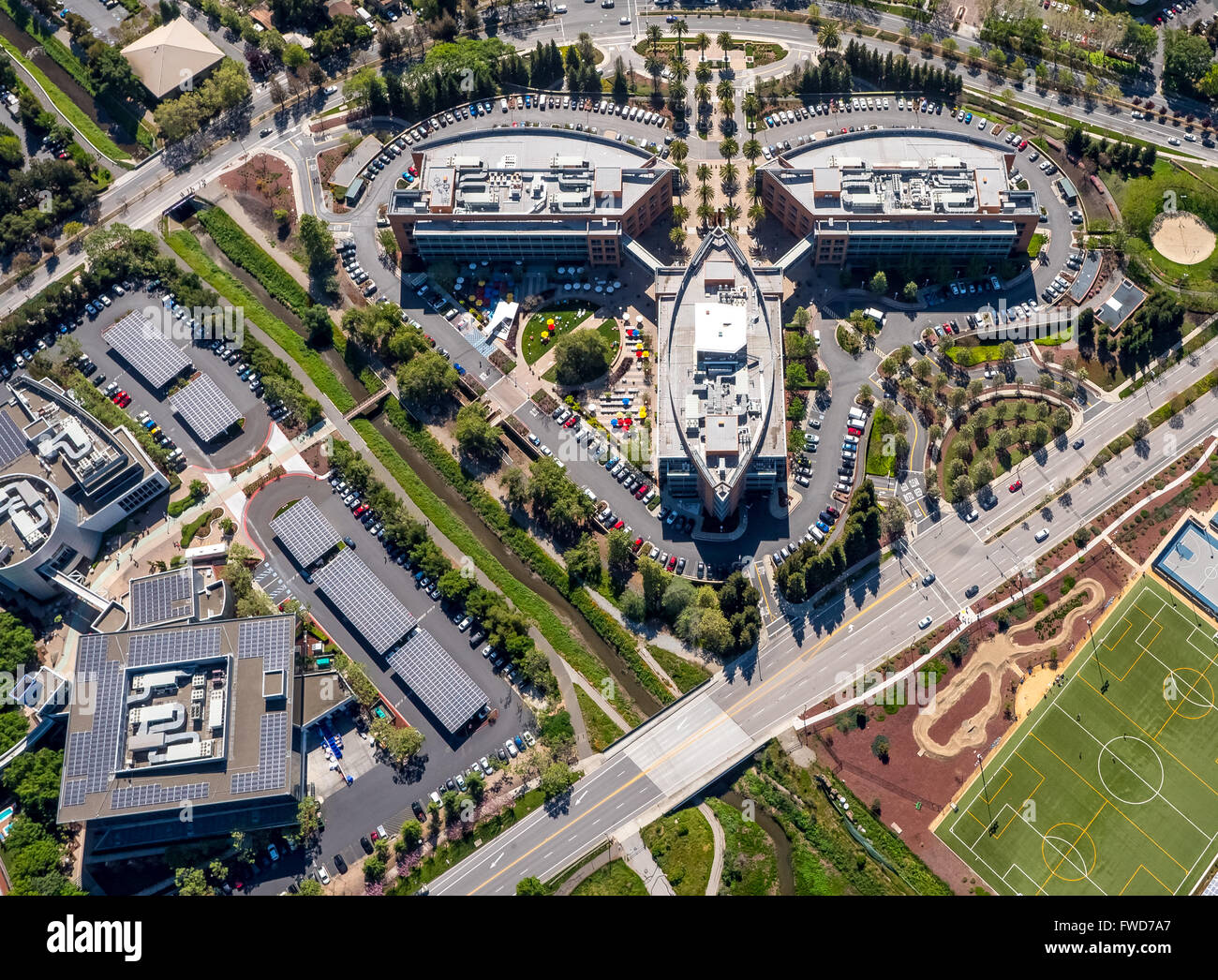 Google headquarters Googleplex, Silicon Valley, California, United States of America, Santa Clara, California, USA, aerial photo Stock Photo