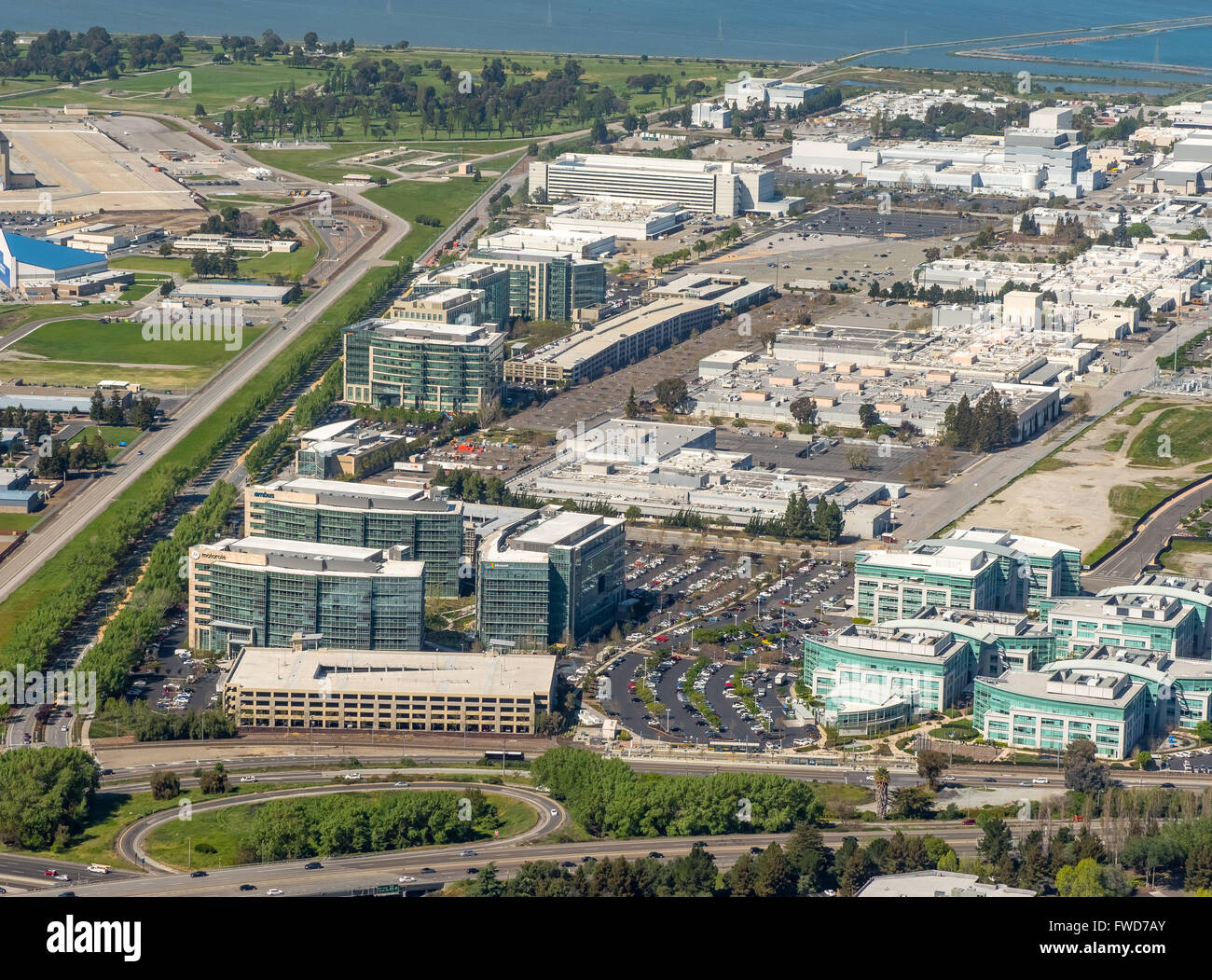 Google Tech corner, Motorola management USA, Aerial, Silicon Valley, California, United States of America, Santa Clara, Stock Photo