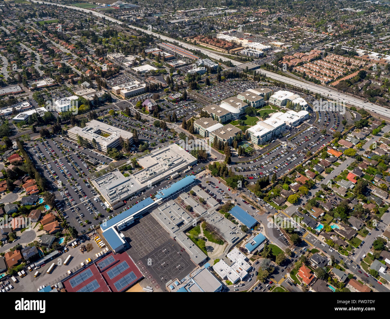 Apple Campus, Apple Inc., aerial, Apple University, above Apple Inc headquarters Cupertino California,  Silicon Valley Stock Photo