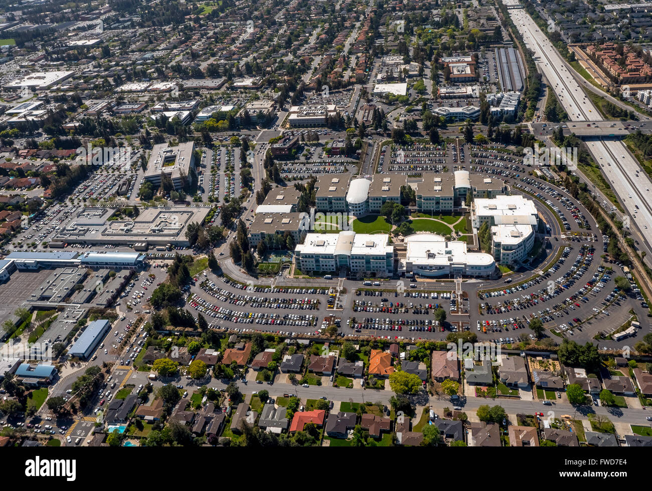 Apple Campus, Apple Inc., aerial, Apple University, above Apple Inc headquarters Cupertino California,  Silicon Valley Stock Photo