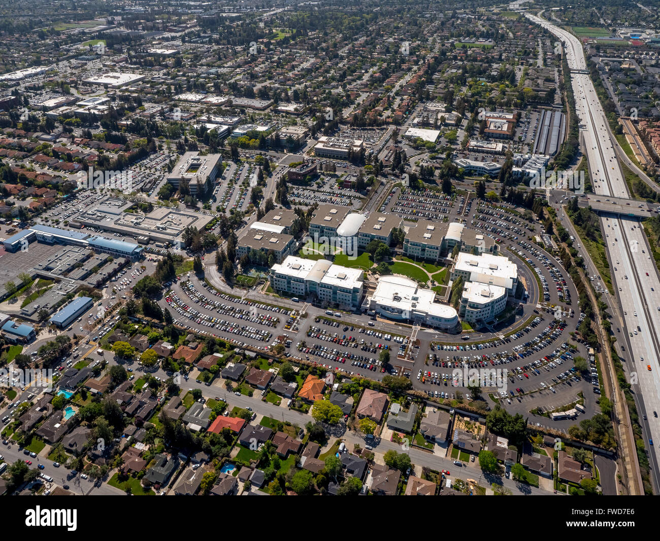 Apple Campus, Apple Inc., aerial, Apple University, above Apple Inc headquarters Cupertino California,  Silicon Valley Stock Photo