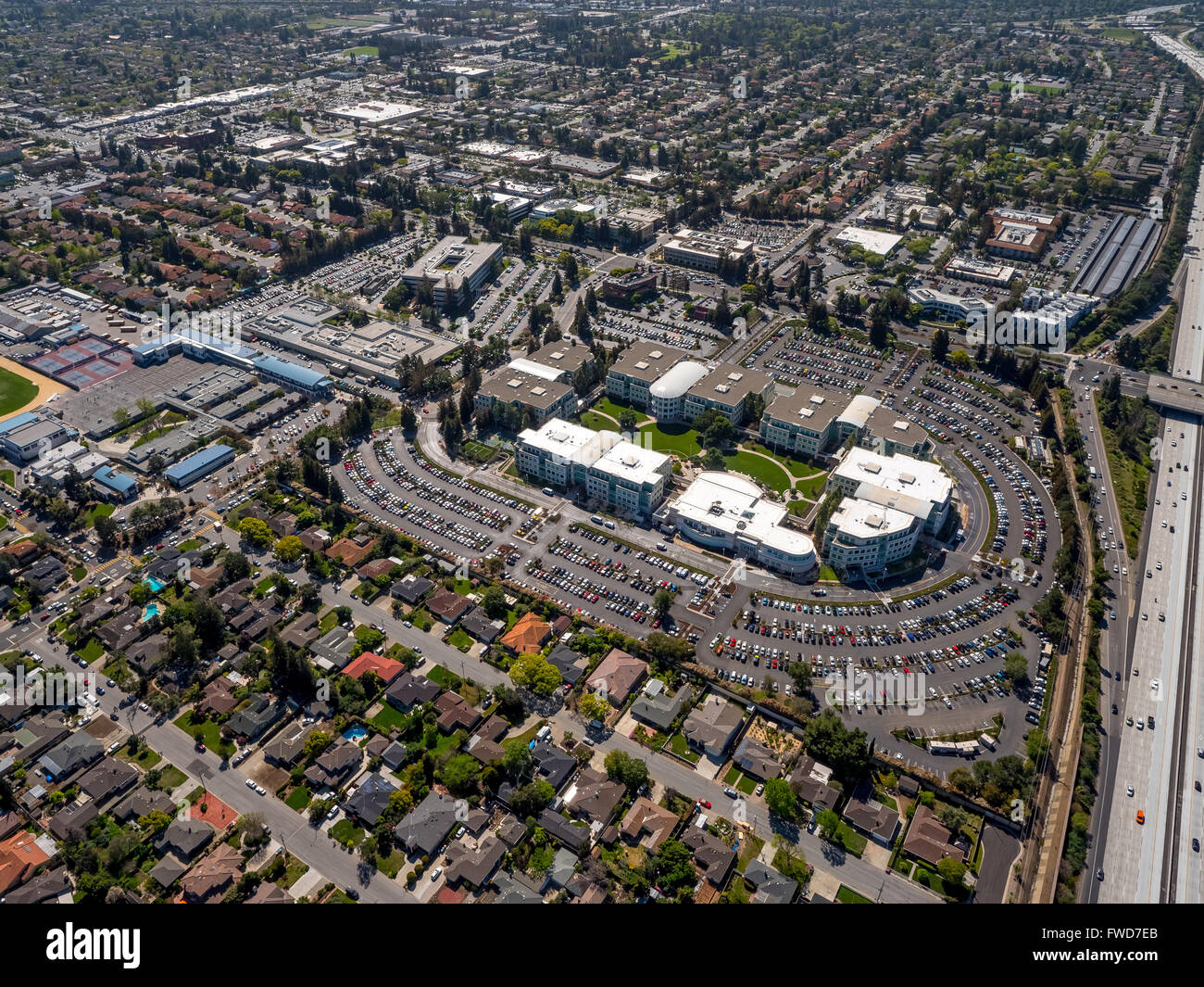 Apple Campus, Apple Inc., aerial, Apple University, above Apple Inc headquarters Cupertino California,  Silicon Valley Stock Photo