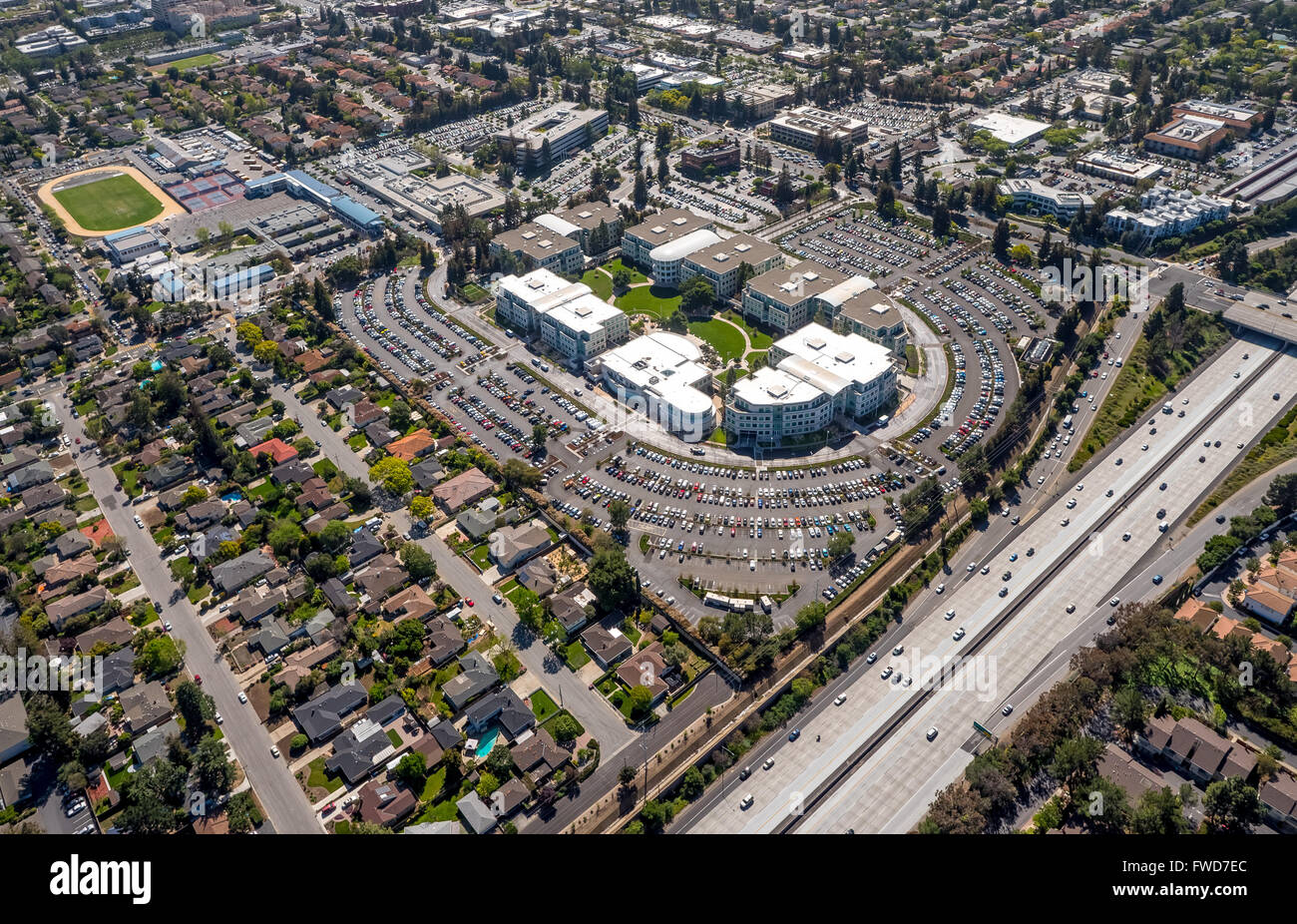 Apple Campus, Apple Inc., aerial, Apple University, above Apple Inc headquarters Cupertino California,  Silicon Valley Stock Photo